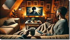 DALL·E 2024-12-18 16.32.56 - A cozy living room scene featuring a person watching a TV drama. The setting includes a comfortable sofa with cushions, a coffee table with a steaming