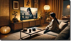 DALL·E 2024-12-18 16.34.47 - A cozy living room scene featuring a person watching an Asian TV drama. The setting includes a comfortable sofa with cushions, a coffee table with a s