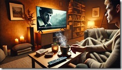 DALL·E 2024-12-18 16.36.26 - A cozy living room scene featuring a person watching a TV drama. The setting includes a comfortable sofa with cushions, a coffee table with a steaming